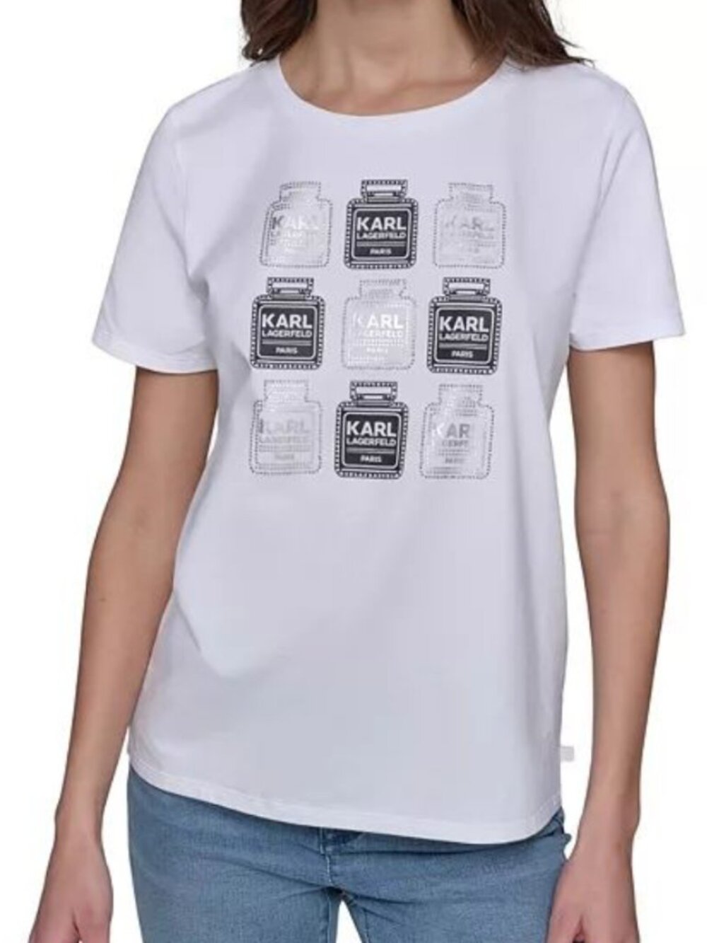 NWOT size XL Karl Lagerfeld White Tee with Black and Gold Perfume Bottle Motif